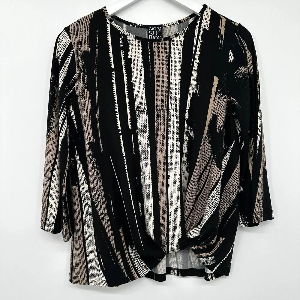 Clara Sun Woo Top Shirt Size XS Stretch Knit 3/4 Flare Sleeve Black Beige Blouse